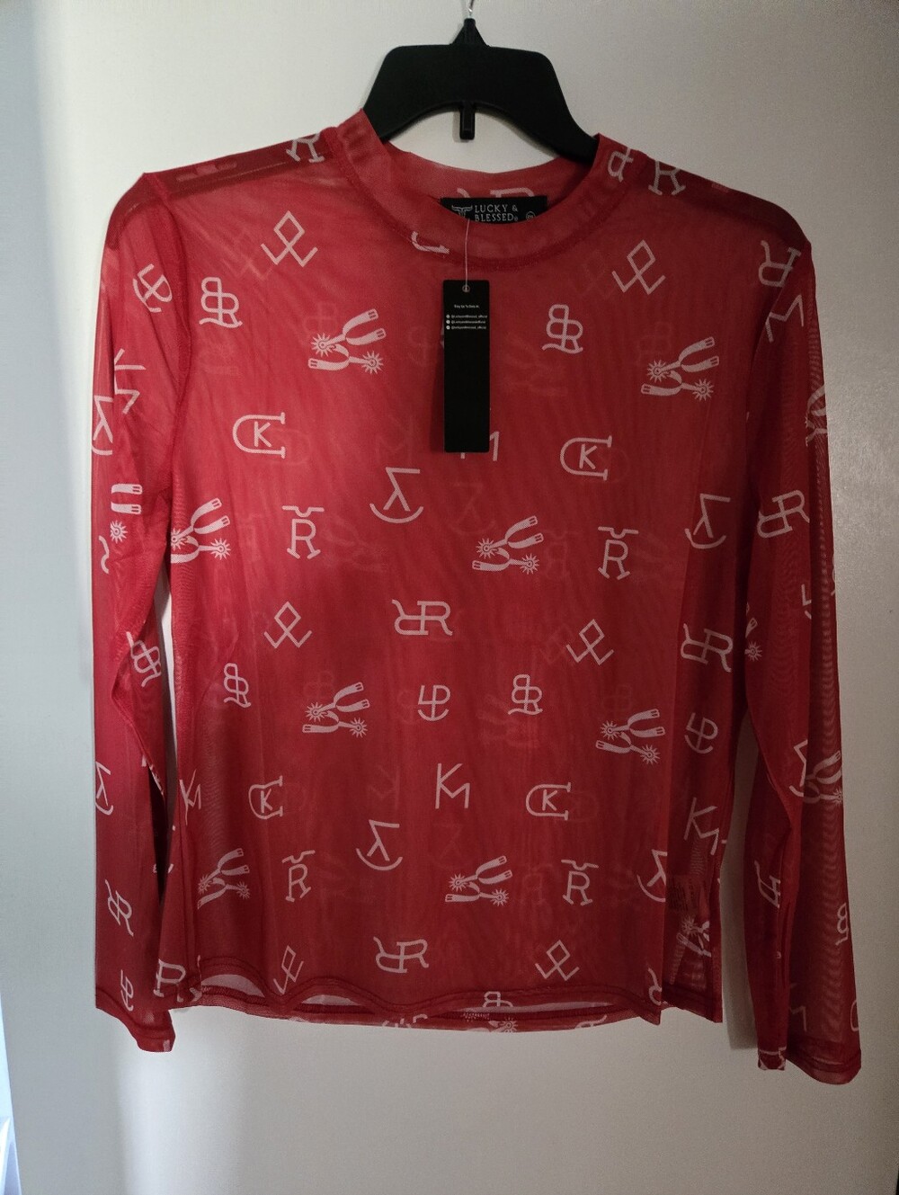 Lucky & Blessed Red Sheer Logo Mesh Long Sleeve Top